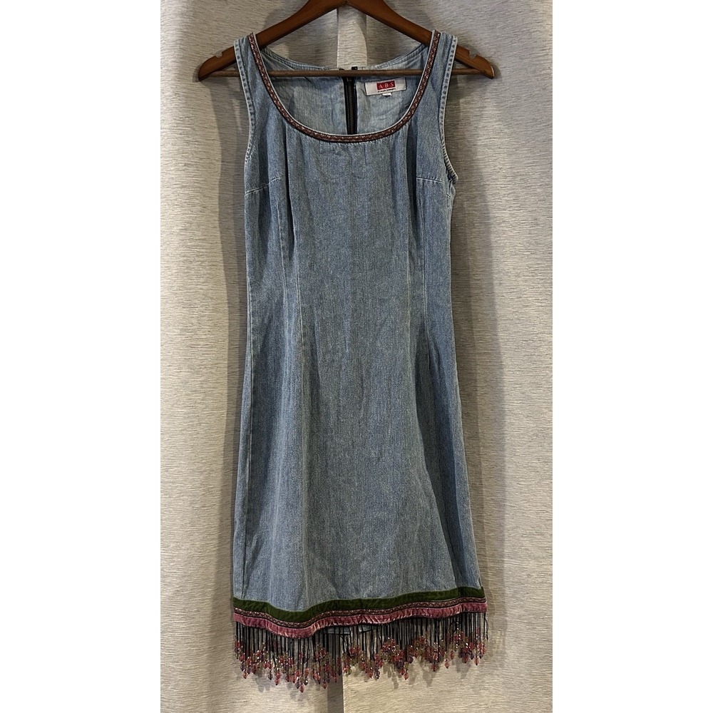 ABS by Allen Schwartz Denim Beaded Sleeveless Dress Size 6 Y2K